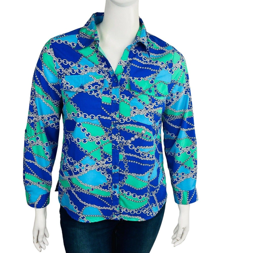 Notations Career Womans Sz Petite XL Blouse Long Sleeve Top Blue Chain - Picture 1 of 8